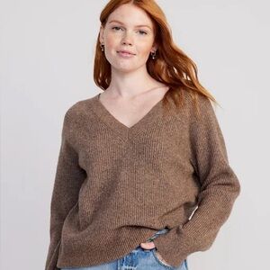 Old Navy Ribbed V-Neck Sweater Women’s Large – Brown Cozy Knit Pullover
